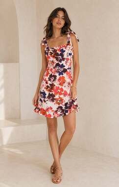 LunaChix Floral Linen Blend Tie Strap Mini Dress Cottagecore Coquette L